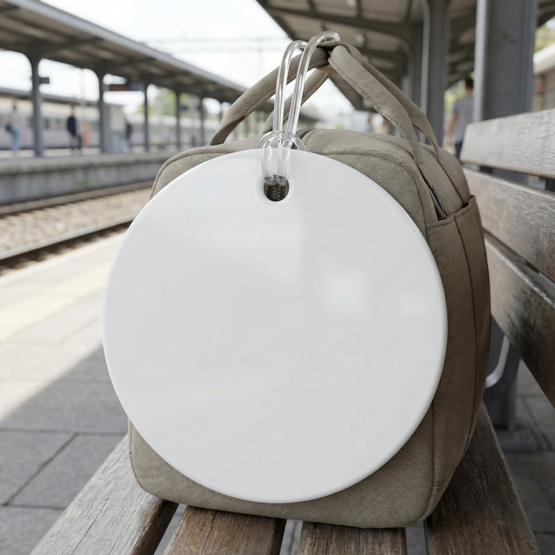 Glossy White Luggage Tag on Bag Handle