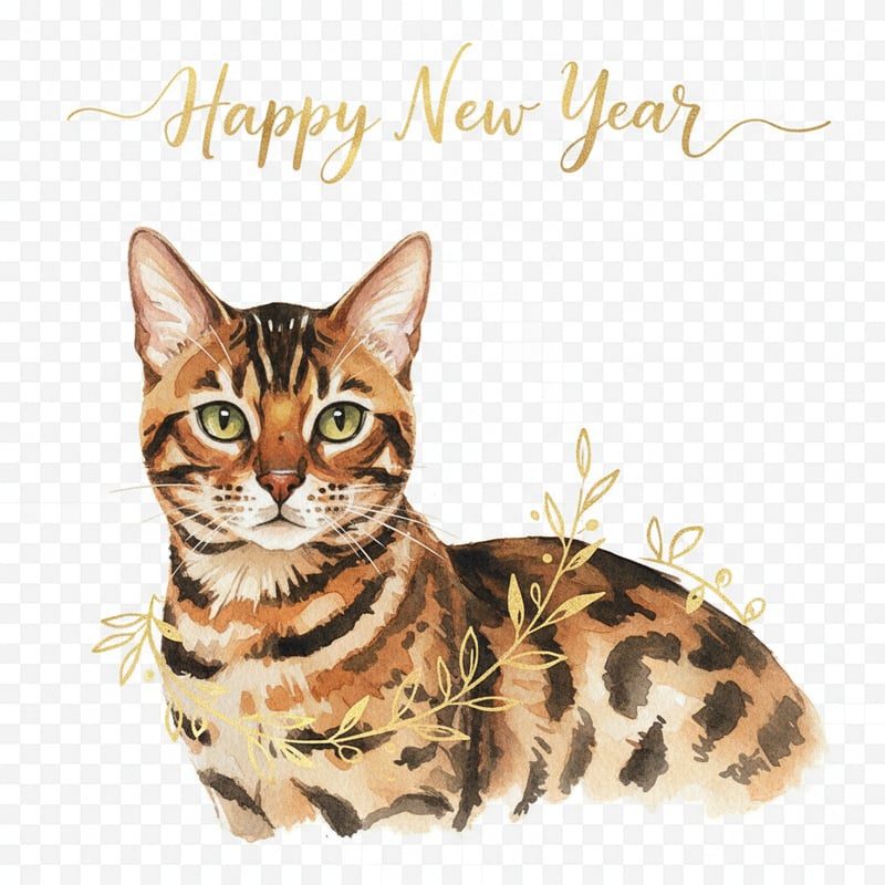 Watercolor Bengal Cat with Gold Garland