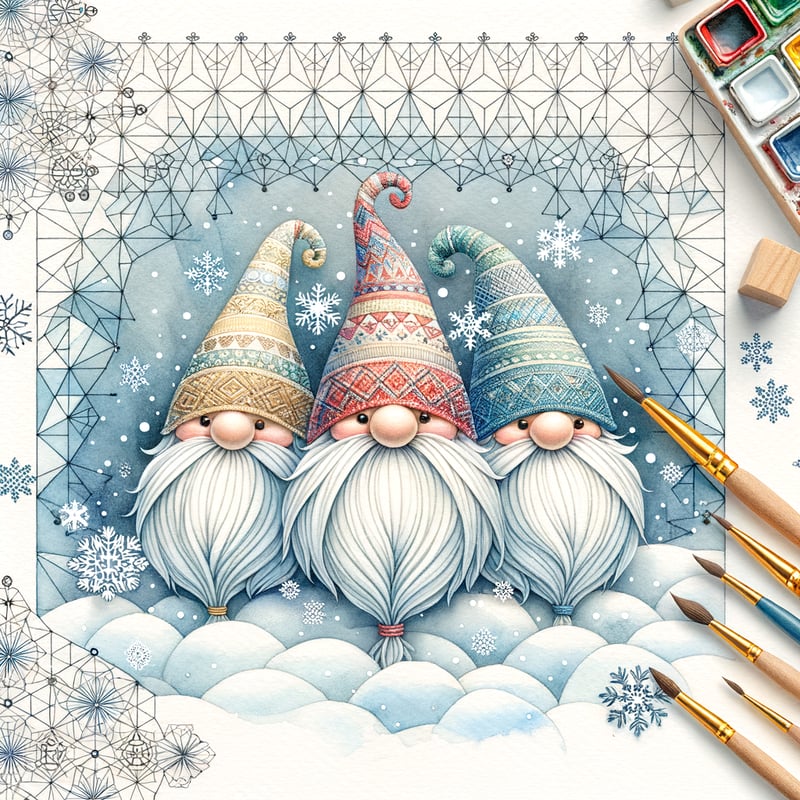 Watercolor Gnomes in Snowy Landscape