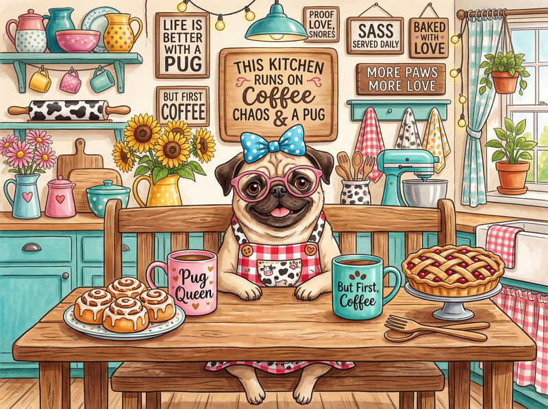 Whimsical Pug Kitchen Illustration