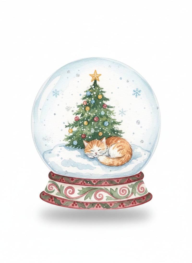 Watercolor Snow Globe with Cat