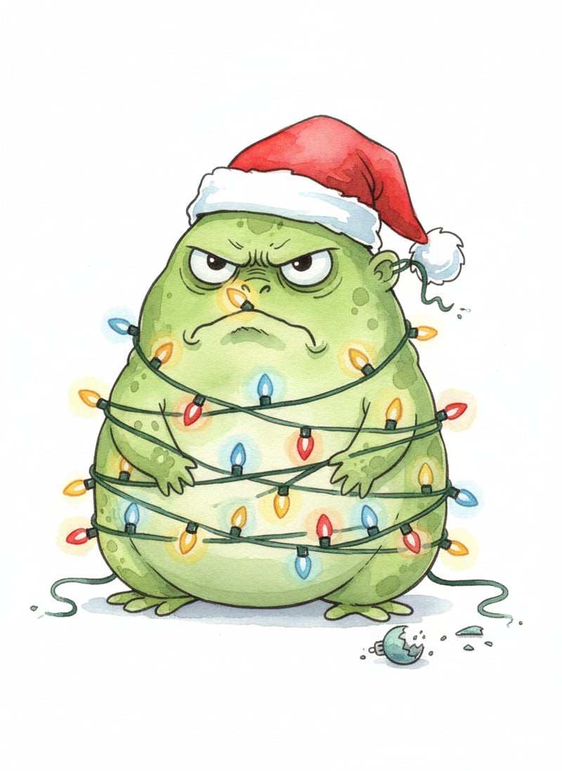 Grumpy Green Creature in Santa Hat
