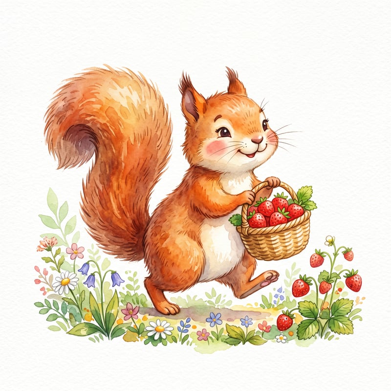 Watercolor Squirrel with Strawberries