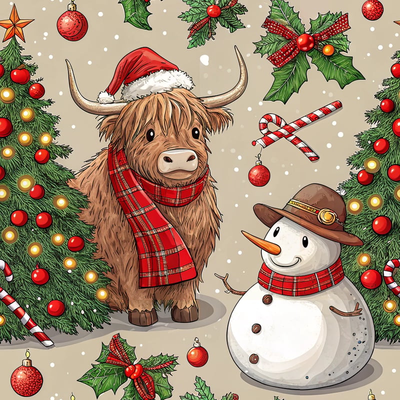 Festive Highland Cow with Christmas Decor