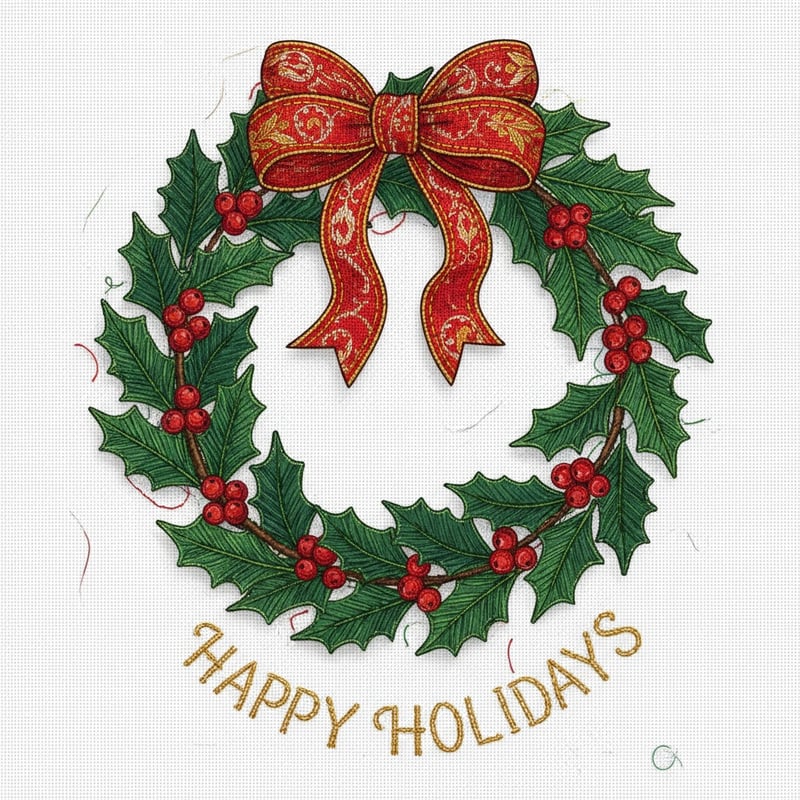 Holly Wreath Faux-Embroidery Art