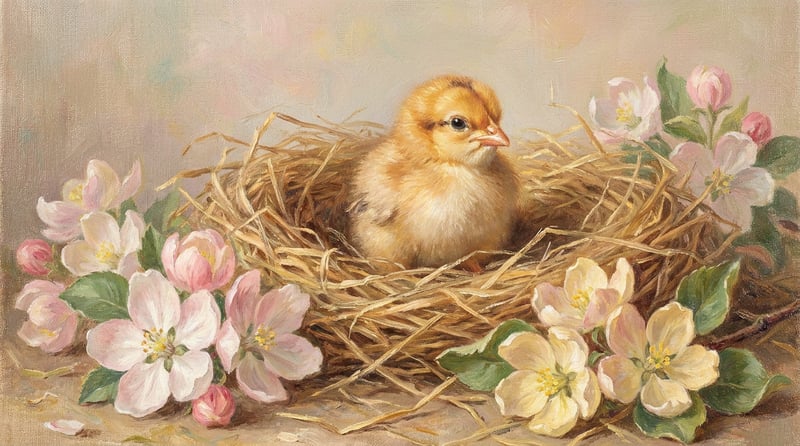 Oil Painting of Baby Chick in Nest