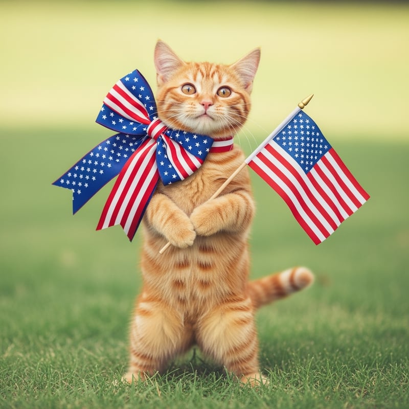 Smiling Tabby Cat with American Flag
