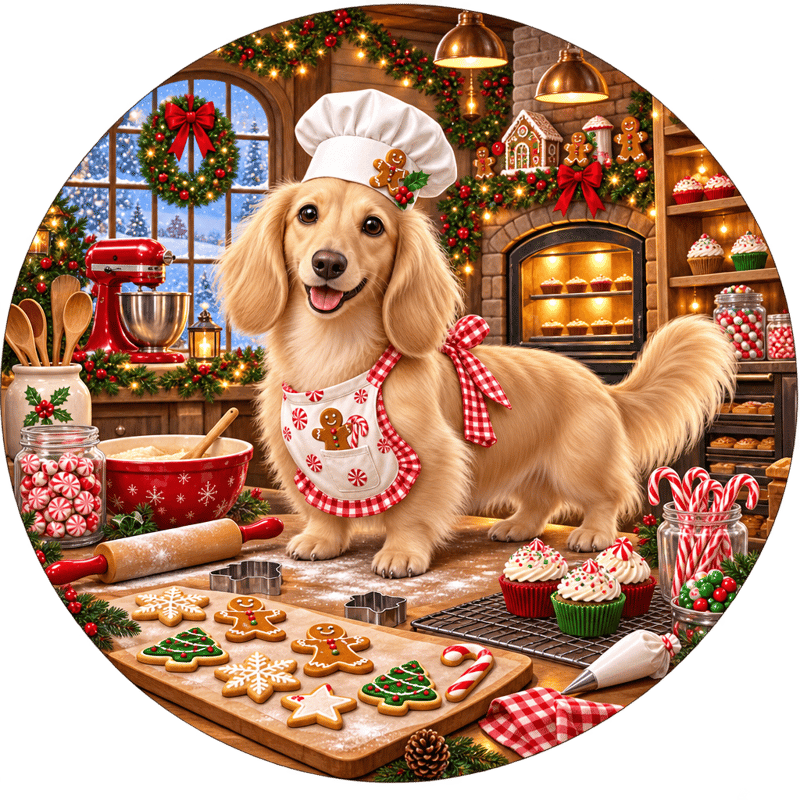 Cream Dachshund Chef in Gingerbread Bakery