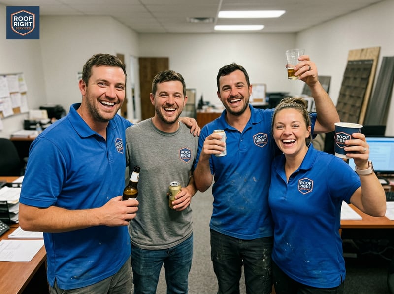 Roofing Team Celebrates in Office