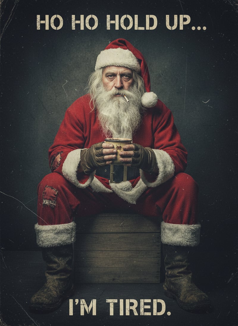 Grungy Santa with Hot Cocoa