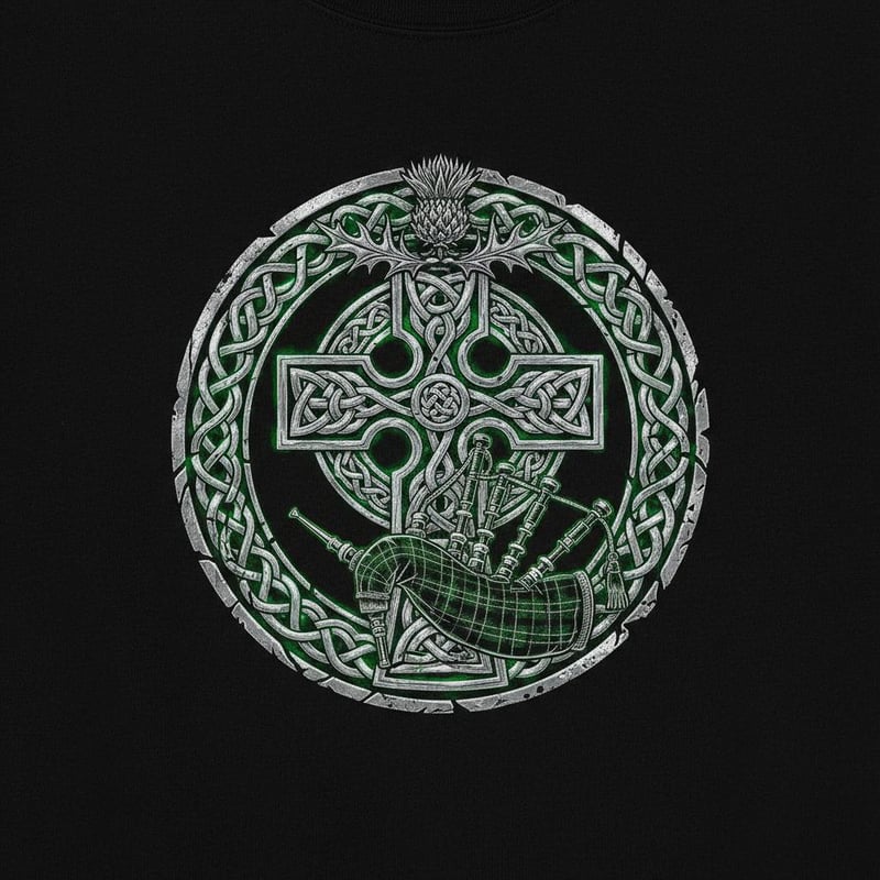 Celtic Cross Emblem with Bagpipes