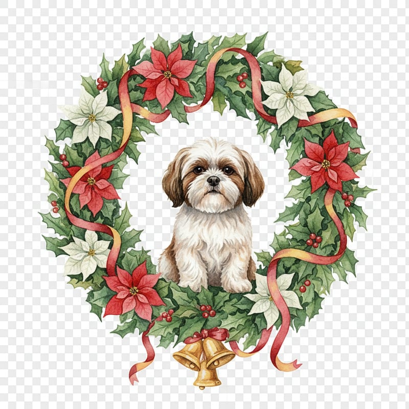 Watercolor Shih Tzu in Christmas Wreath