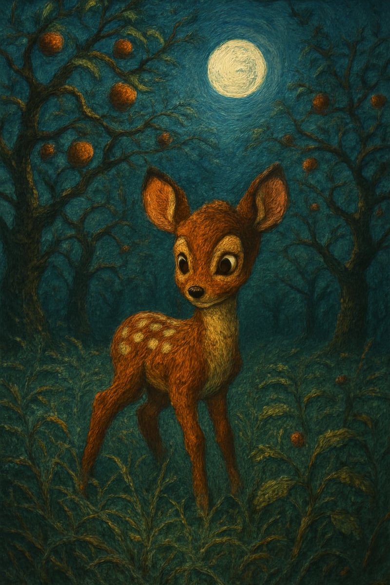 Moonlit Deer in Overgrown Orchard