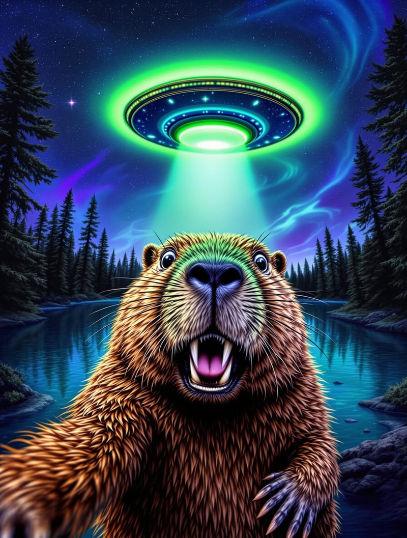 Beaver Selfie Under UFO