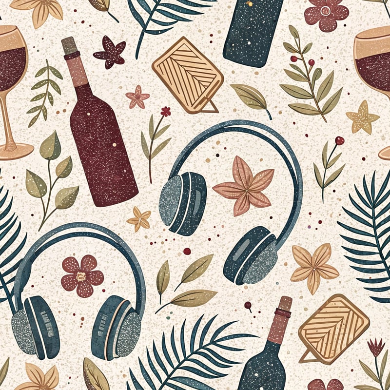 Boho Glam Pattern with Earbuds and Wine