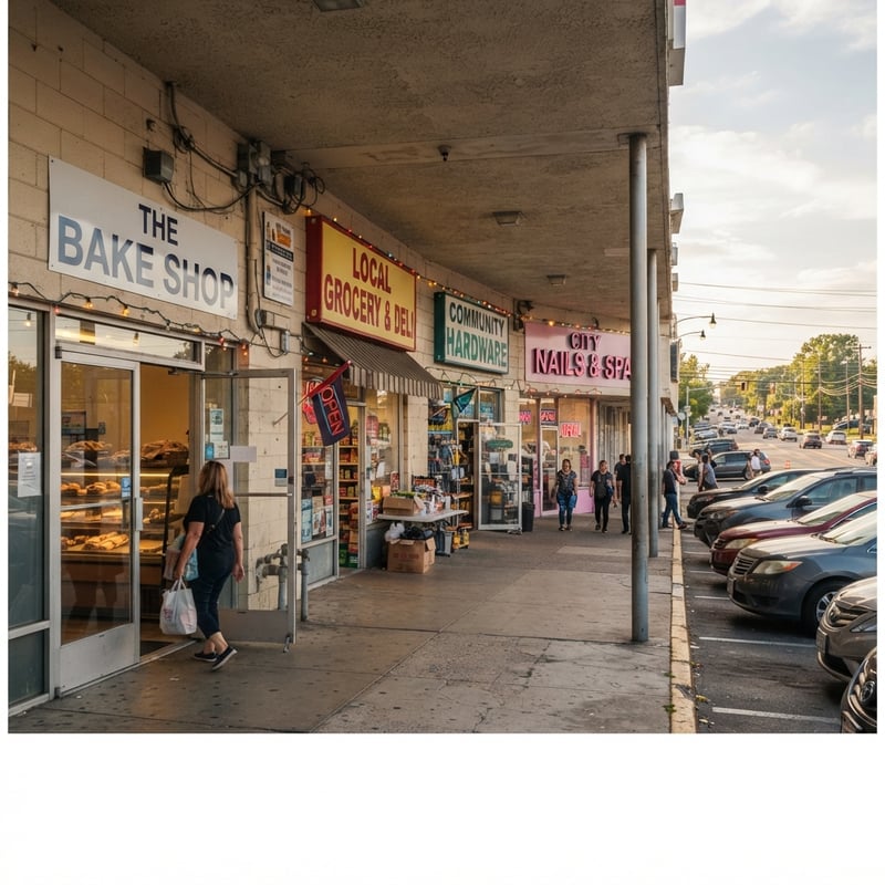 Photoreal Strip-Center Storefront Corridor