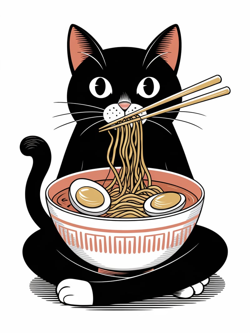 Mid-Century Black Cat with Ramen