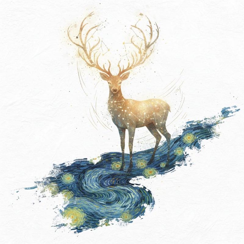 Glowing Deer Under Starry Night Sky