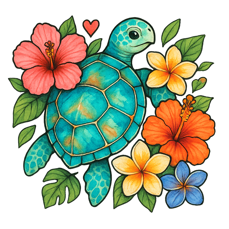 Watercolor Sea Turtle with Tropical Flowers