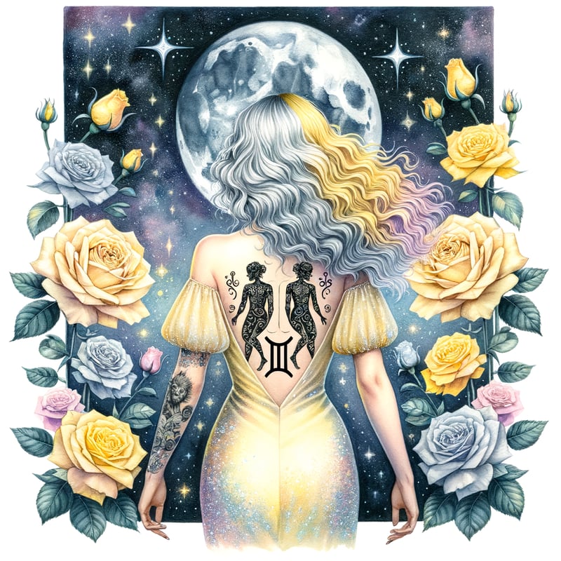 Watercolor Gemini Woman with Celestial Tattoos