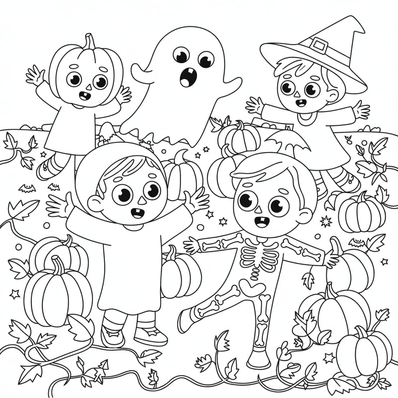 Kids in Halloween Costumes Line Art