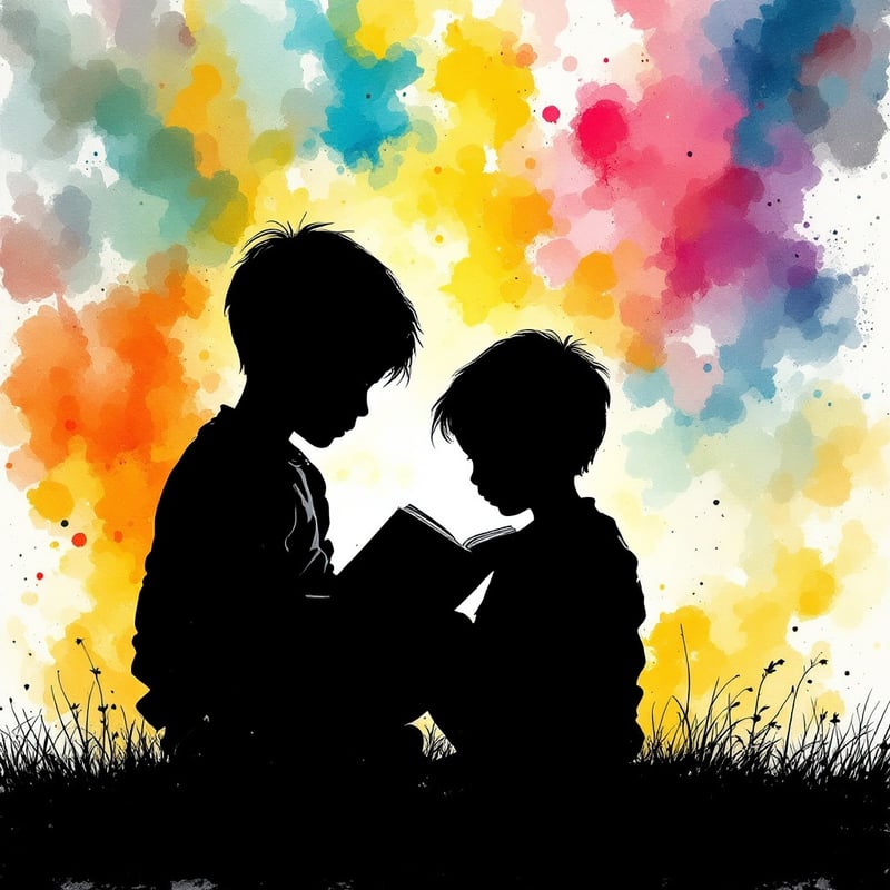 Silhouette of Boys Reading Together