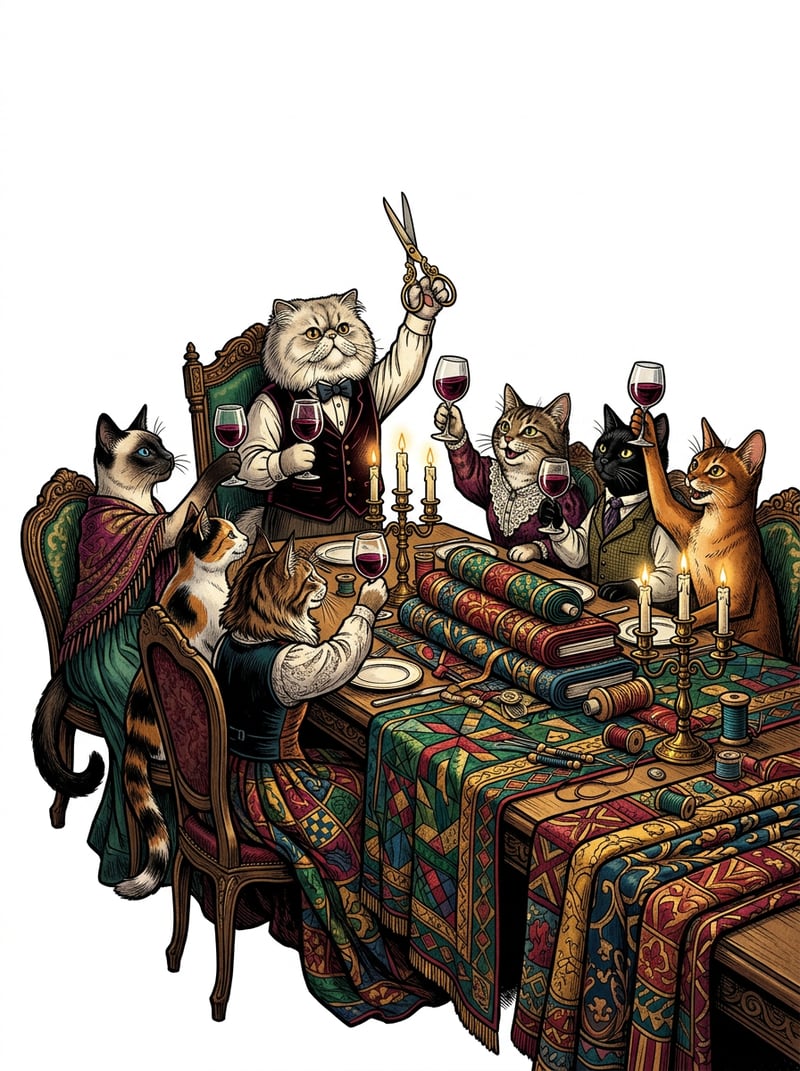 Elegant Cats at Quilted Table