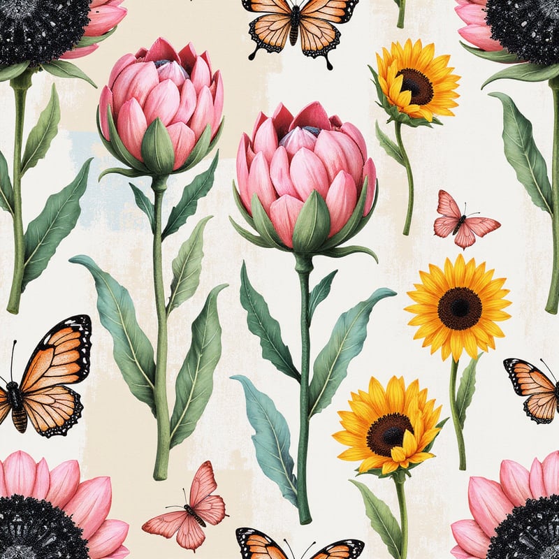 Hand-Drawn Protea and Sunflower Pattern