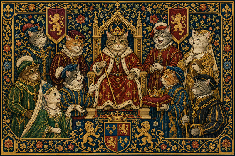 Medieval Tapestry with Anthropomorphic Cats
