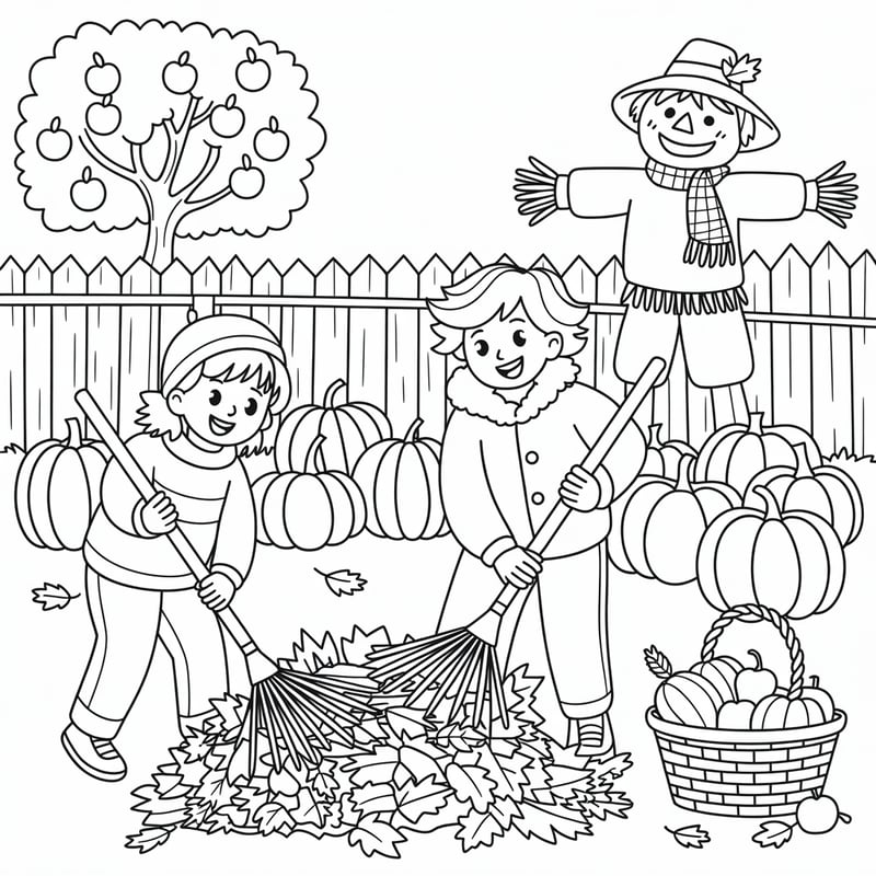Kawaii Kids Raking Autumn Leaves