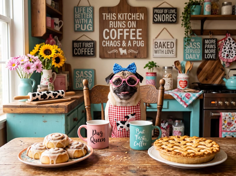 Whimsical Pug Kitchen Scene