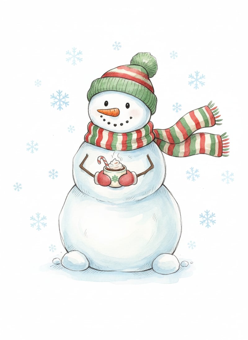 Hand-Drawn Snowman with Scarf and Cocoa