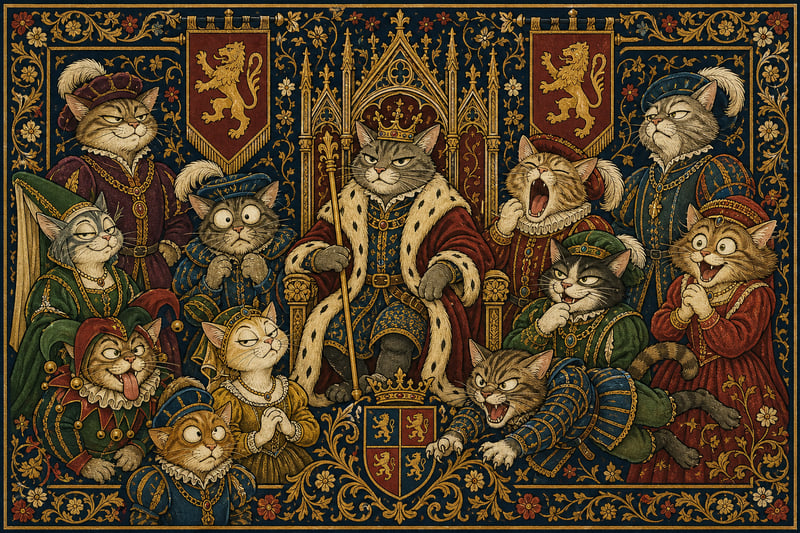 Medieval Cat Court Tapestry Design