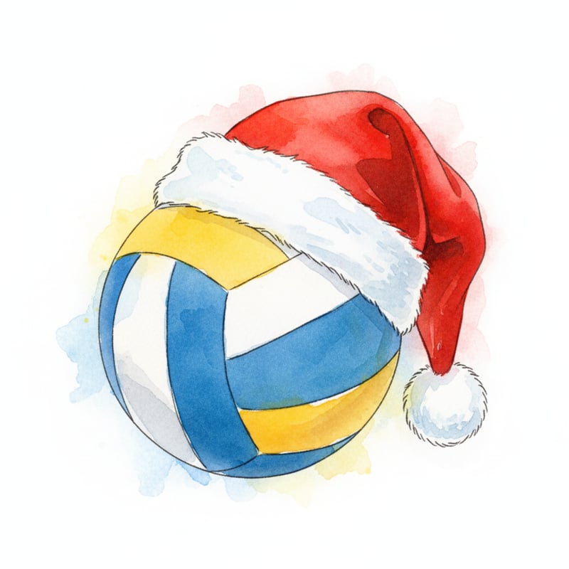 Watercolor Volleyball with Santa Hat
