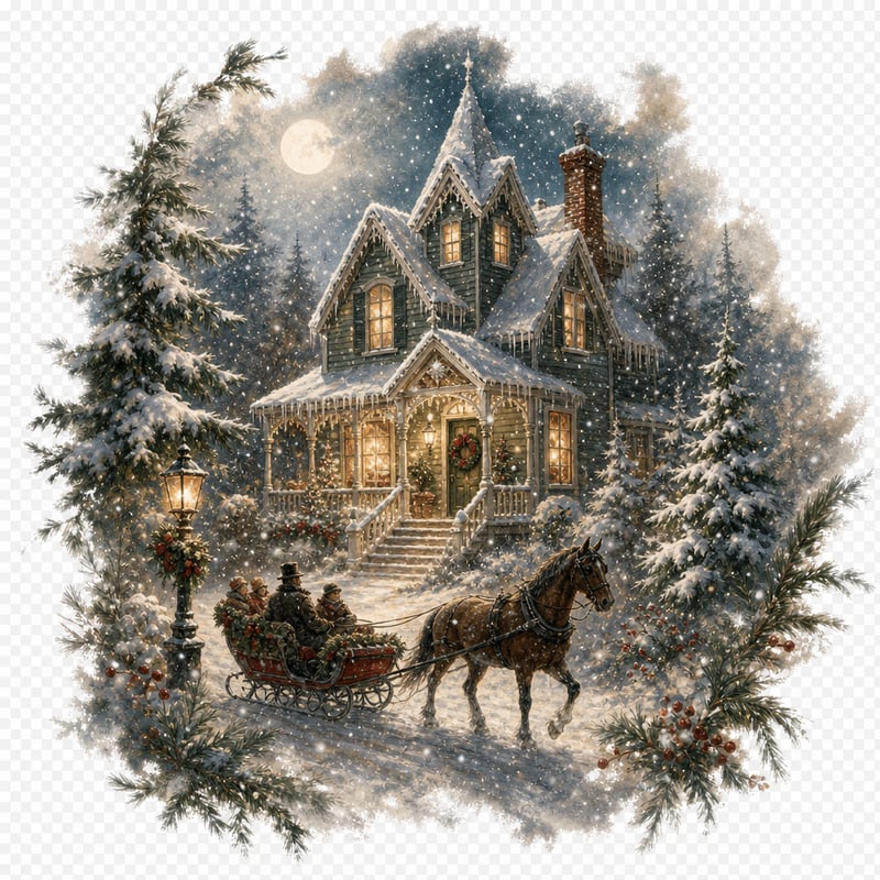 Vintage Winter Victorian Cottage Illustration