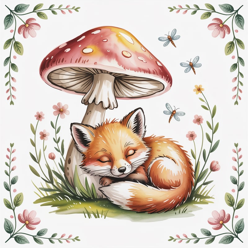 Sleepy Baby Fox Watercolor Illustration