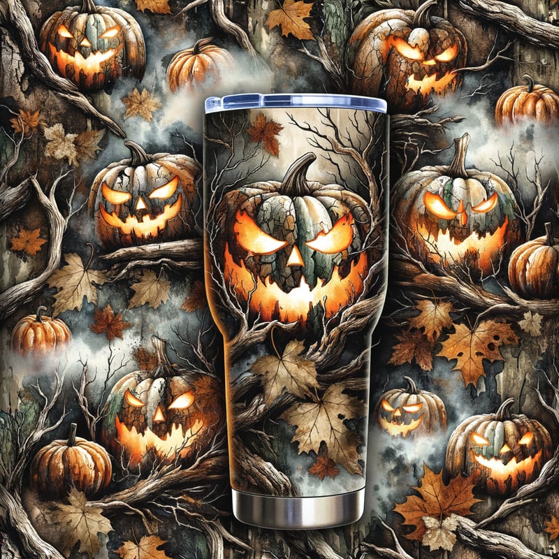 Watercolor Woodland Camo with Glowing Pumpkins