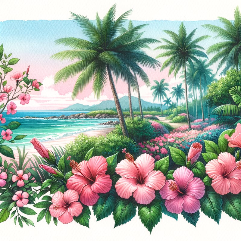 Watercolor Pink Hibiscus with Palms