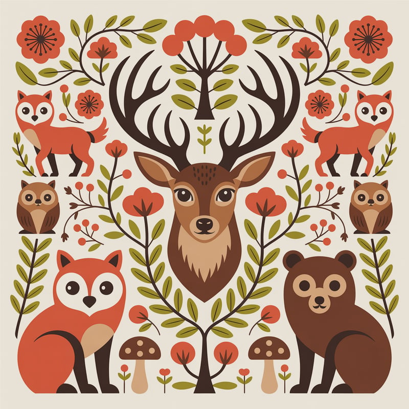 Folk Art Pattern with Stylized Animals