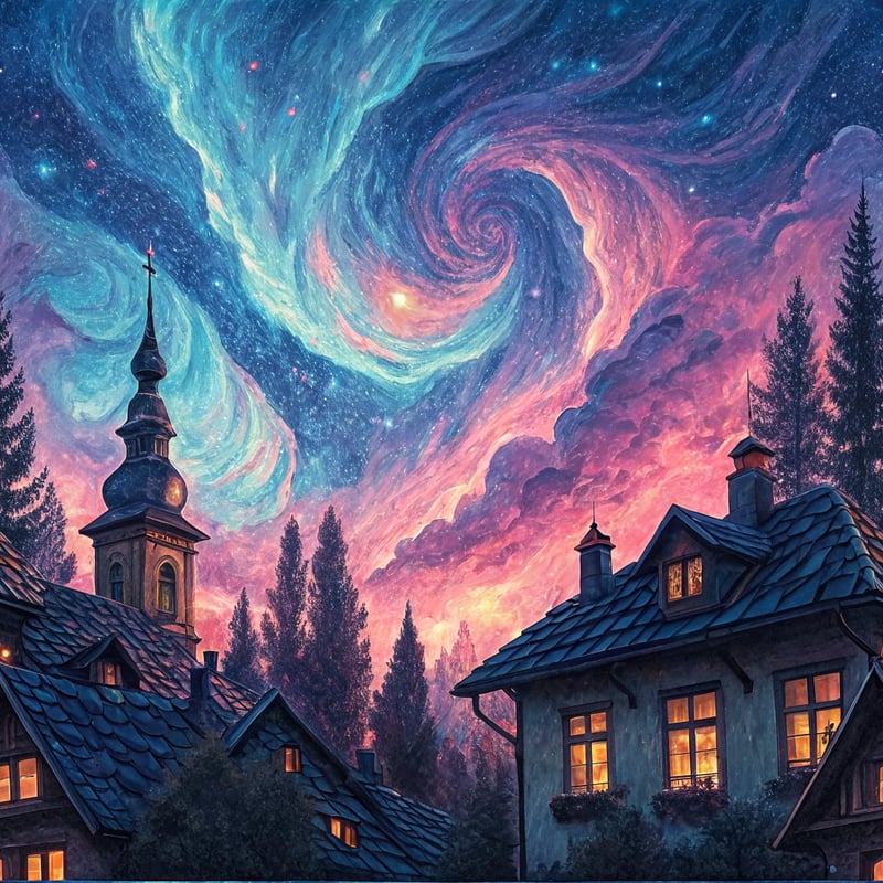 Electric Blue & Magenta Sky Over Village