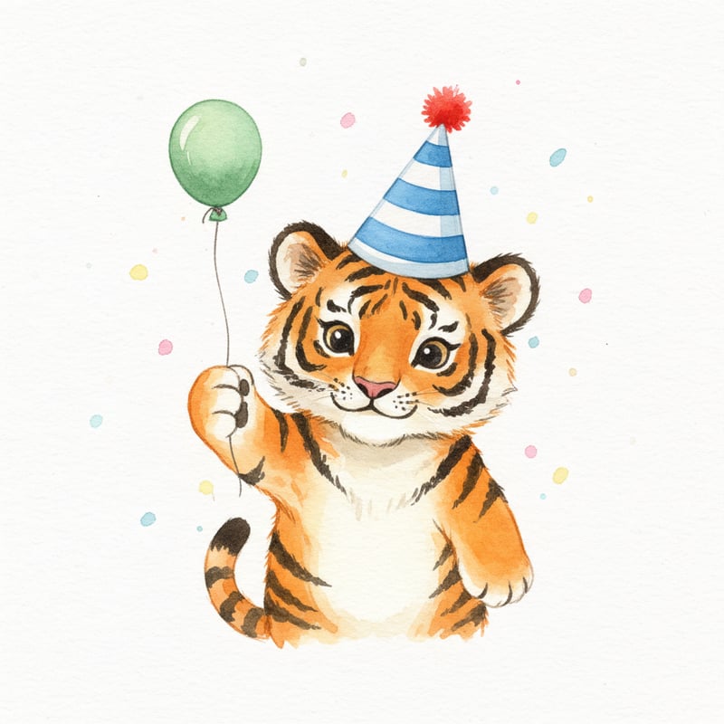 Watercolor tiger with party hat and balloon