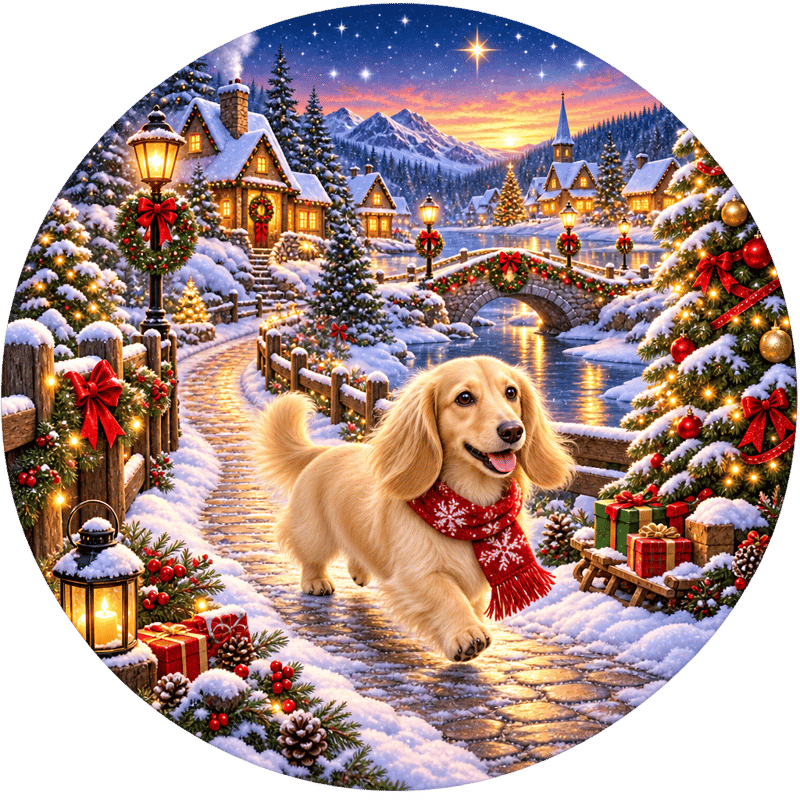 Cream Longhaired Dachshund in Snowy Village