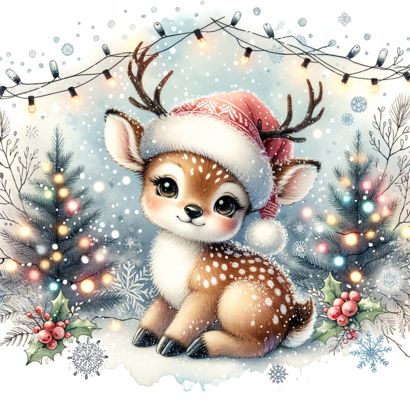 Watercolor Baby Deer in Winter Scene
