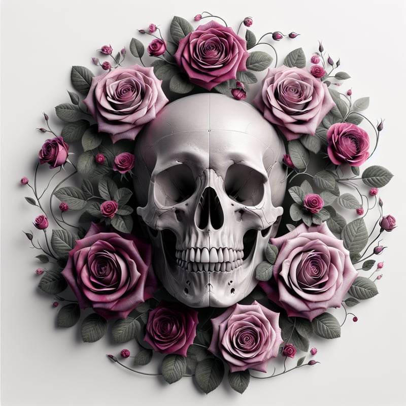 Skull with Pink and Magenta Roses