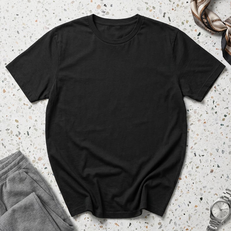 Photorealistic Black Cotton T-Shirt Flat Lay