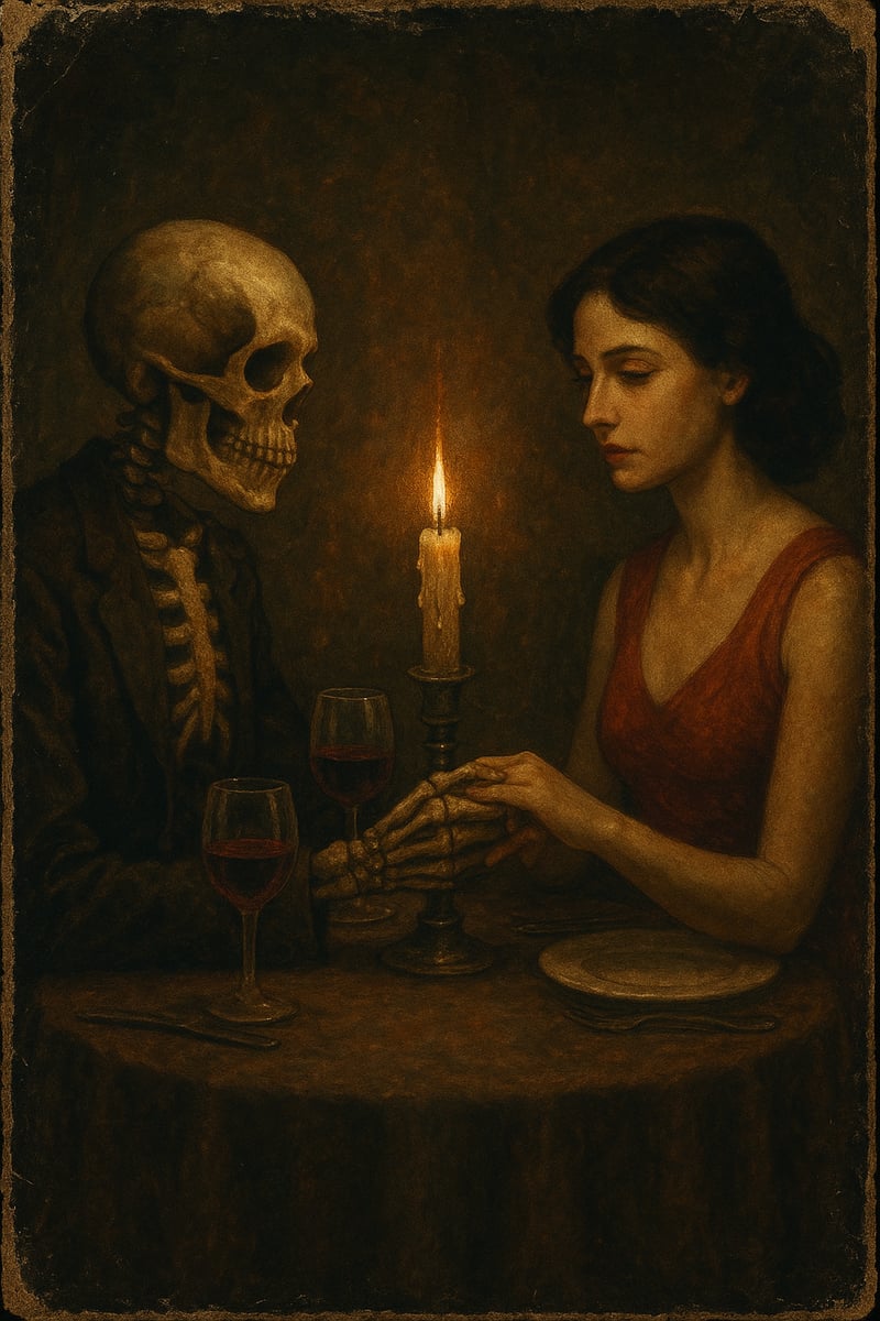 Skeleton and Woman Candlelit Dinner