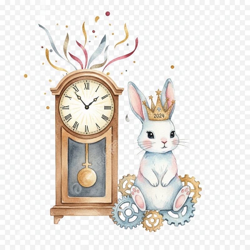 Watercolor Rabbit with New Year Clock