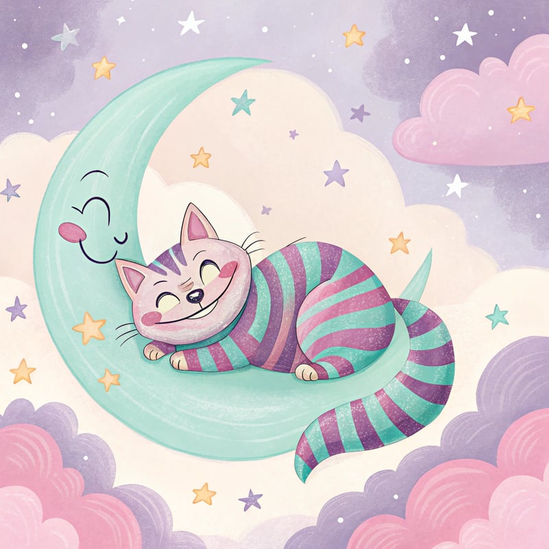 Pastel Cheshire Cat on Crescent Moon