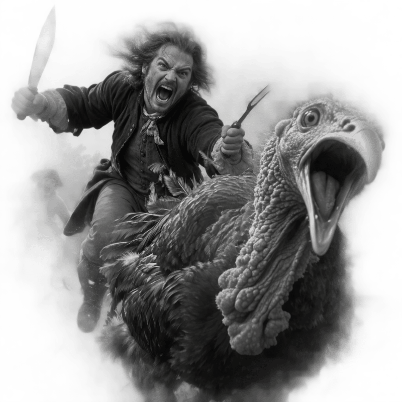 Greyscale 18th-Century Man Chasing Turkey