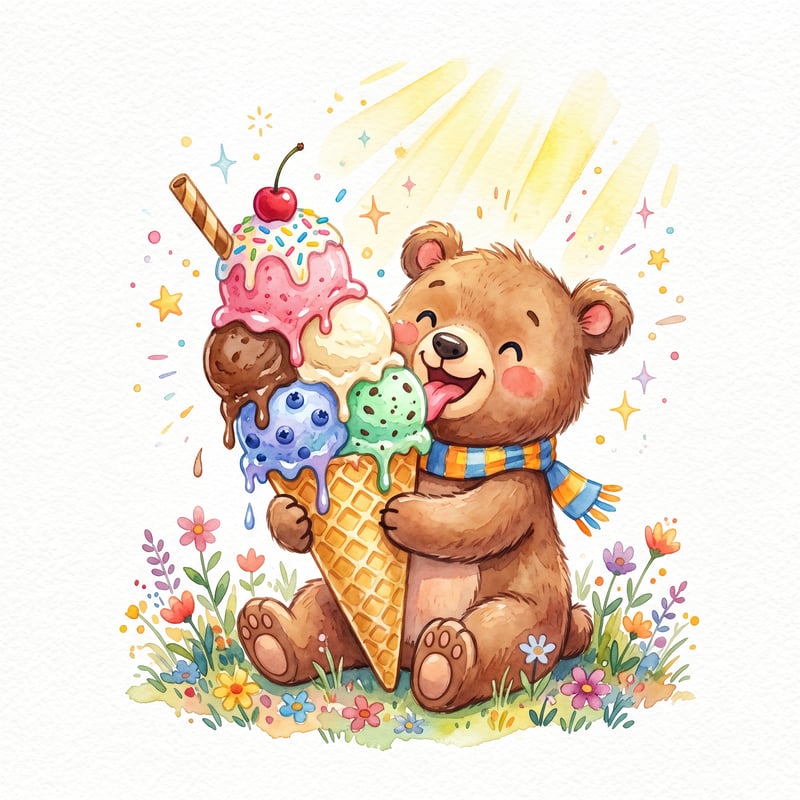 Cute Watercolor Bear with Ice Cream